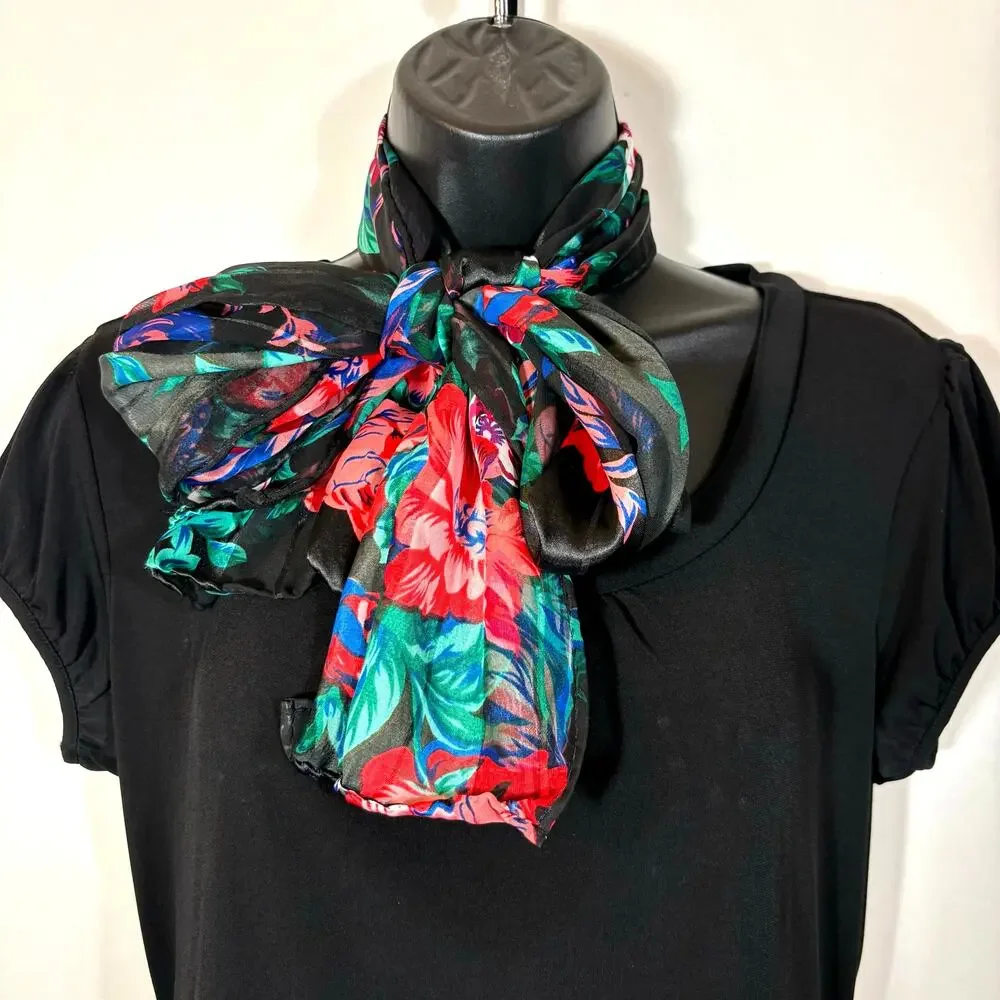 Black and Bright Floral Scarf Rectangle Striped Bow Retro Vintage 58